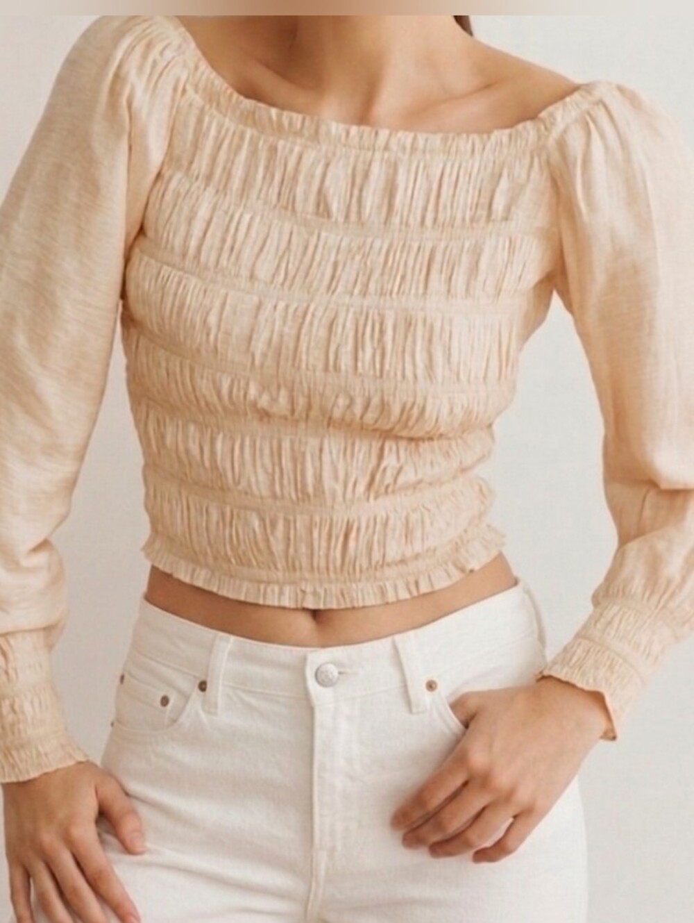 Y.A.S. Smocked Off-Shoulder Blouse Cropped Top Whisper Pink Medium